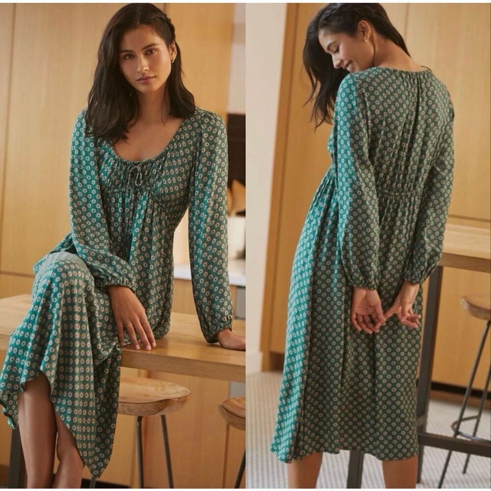 Anthropologie Adelaide Tie Front Midi Dress Green Boho Cottagecore Balloon Sleev - Picture 6 of 12